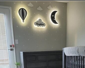 Hot Air Balloon Lamp, Cloud Lamp, Moon Lamp, Baby Boy Room Decor, Baby Night Light, Baby Boy Gift, Custom Baby Gift, Nursery Wall Art
