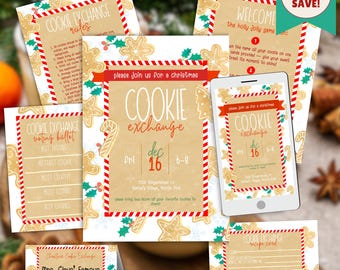 Peut inclure: Ensemble de documents imprimables pour un échange de biscuits de Noël. Le design présente des bonhommes en pain d'épices, des cannes en sucre et du houx sur un fond en papier kraft. Comprend des invitations, des règles, des bulletins de vote et des fiches de recettes.