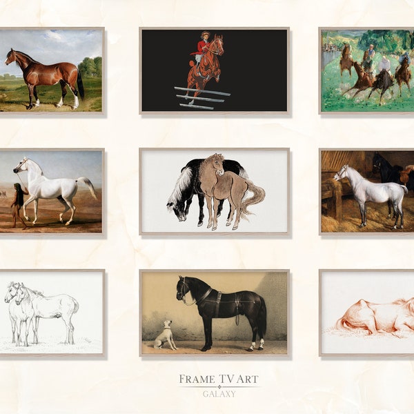Samsung Frame TV Art Set of 9, Horse Painting, Oil Painting Vintage Horse & Horse Sketch, Antique White Horse Painting, Digital Download