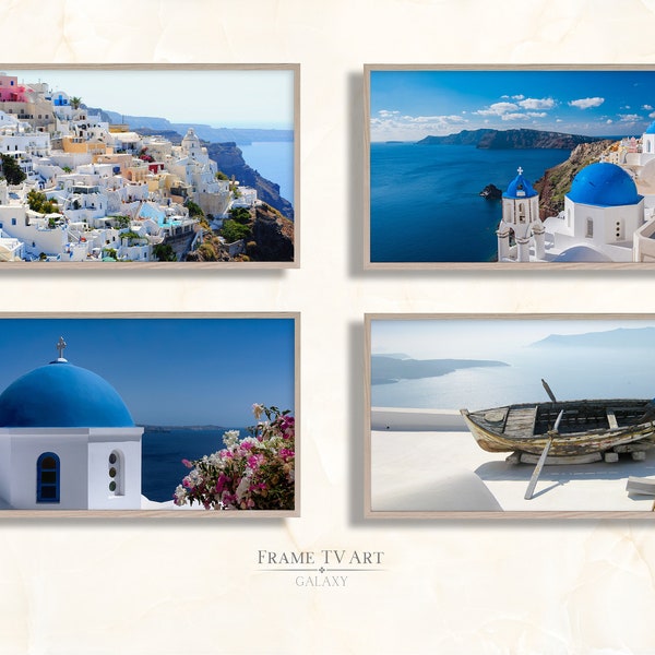 Samsung Frame TV Art Santorini Photography Set of 4, Santorini Art, Greece Photo Santorini Boat, Digital Download