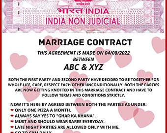 Husband and Wife Marriage Contract / Custom Marriage Agreement / Unique Couple Contact