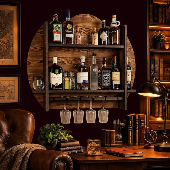 Wandbar aus Holz, Wandregal für Spirituosen und Gläser – Hängebar, Loft, Vintage, gebrannt