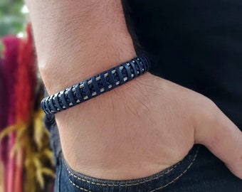 Navy Blue Leather and Steel Men's Bracelet