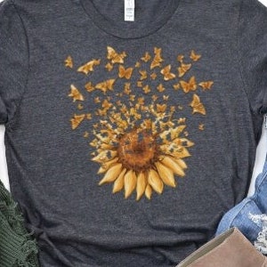 Butterflies of Hope Adult Shirt Sunflower Butterfly Shirt, Butterfly Tee, Sunflower Shirt, Floral V-neck, Flowers Gift Tshirt, Botanical Tee