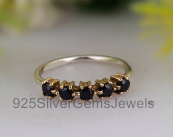 Black Spinel Ring, Designer Ring, Multi Black Spinel Band Ring, Silver Two Tone Wedding Band, Dainty Band, Black Ring For Her, Birthday Gift
