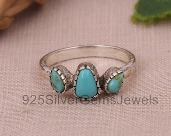 925 Silver Turquoise Ring, Natural Kingman Turquoise Gemstone Ring, Three Stone Ring, December Birthstone, Boho Ring, Handmade Jewelry, Gift