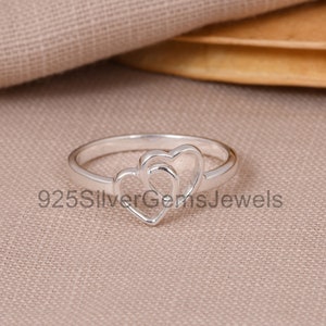 Sterling Silver Heart Ring, Double Heart, Promise Ring, Delicate Ring, Gift for Love, Statement Ring, Wedding Ring, Cute Heart For Wife