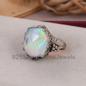 Elongated Cut Aurora Opal Ring, Solid Silver Ring, Beautiful Doublet Aurora Opal Ring, Handmade Boho Jewelry, Oxidized Statement Ring.
