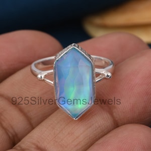 Elongated aurora opal ring, 925 Sterling Silver ring, Handmade jewelry, Doublet aurora opal ring, Gift for Her, Wife, Women, Girlfriend&#39;s.