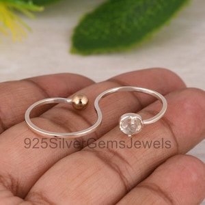 Crystal Quartz Two Finger Ring, Silver Two Tone Double Finger Wired Ring, Gift for her, Ball Ring, White Stone Band Ring, Finger Jewelry.