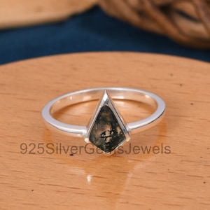 Natural Moss Agate Kite Ring, Elegant Dainty Kite Shape Wedding Engagement Ring For Her, 925 Silver Minimalist Ring, Gift For Her, Women