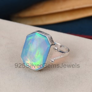 Opal ring, Sterling silver aurora opal wedding ring, Emerald cut opal, Doublet shiny opal gemstone ring, Gift for her, Bello opal ring, Gift