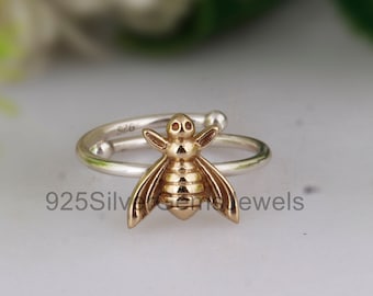 Dainty Sterling Silver Honey Bee Ring, Adjustable Two Tone Band