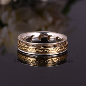 Silver Spinner Band Ring, Hammered & Handmade 925 Sterling Silver Two Tone Designer Band Spinner Ring, Meditation Ring, Fidget Worry Ring.