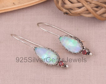 Designer Aurora Opal Dangle Drop Earrings, 925 Sterling Silver Earrings, Red Garnet Earring, Handmade, Opal Earring, Ear Wire, Gift For Her