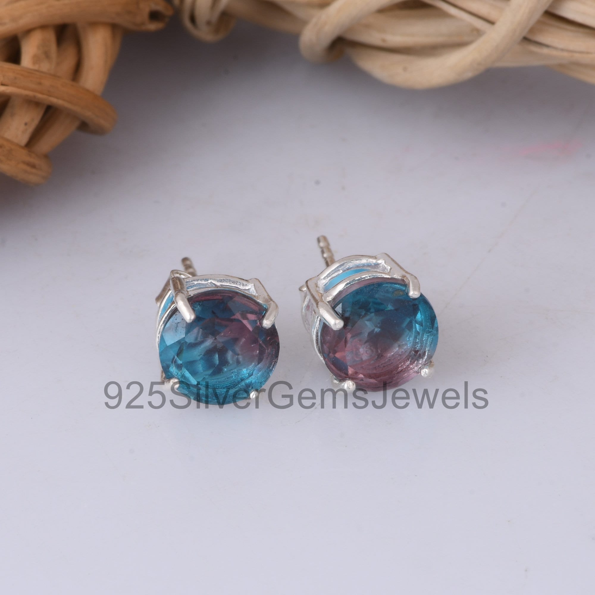 Alexandrite Earrings, 925 Sterling Silver Stud Earrings, Round Studs,…