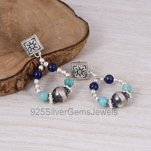 Pendientes colgantes de cuentas de plata hechos a mano, joyería de cuentas de plata turquesa y lapislázuli para mujer, regalos para toda ocasión, regalo para la madre.