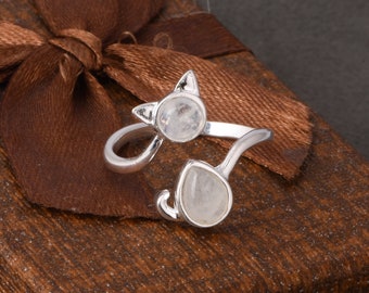 Cat Ring, Natural Moonstone Rings, Silver Ring, Handmade Jewelry, Animal Jewelry, Cute Cat Ring For Her, Gemstone Ring, Gift For Her Mothers