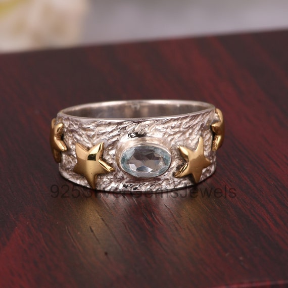 Blue Topaz Gemstone Ring, 925 Silver Two Tone Ring, Blue Stone Women's Ring, Star Textured Ring, Star Jewelry, Gift For Her, Handmade Ring.