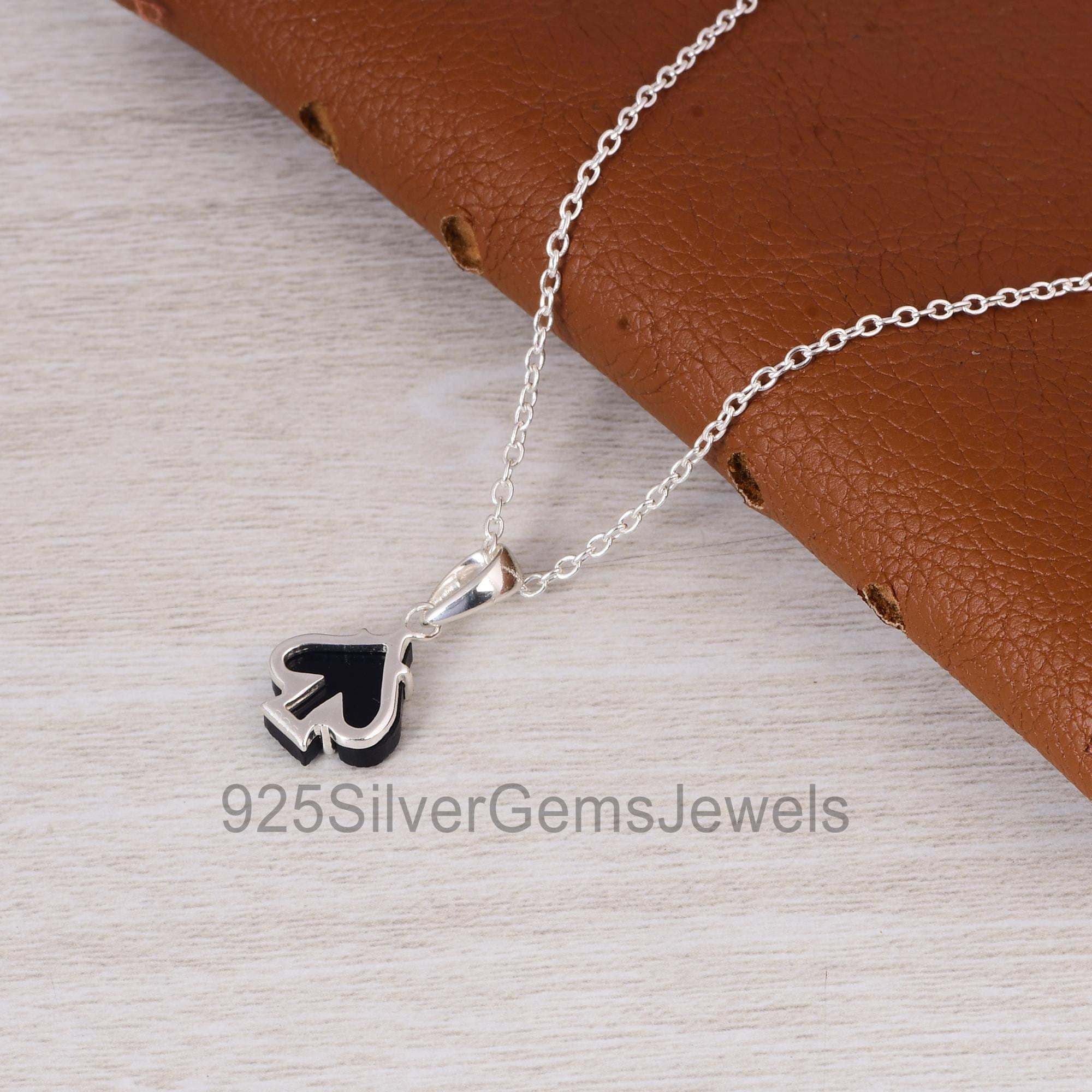 Black Onyx Spade Pendant, Handmade 925 Sterling Silver Necklace