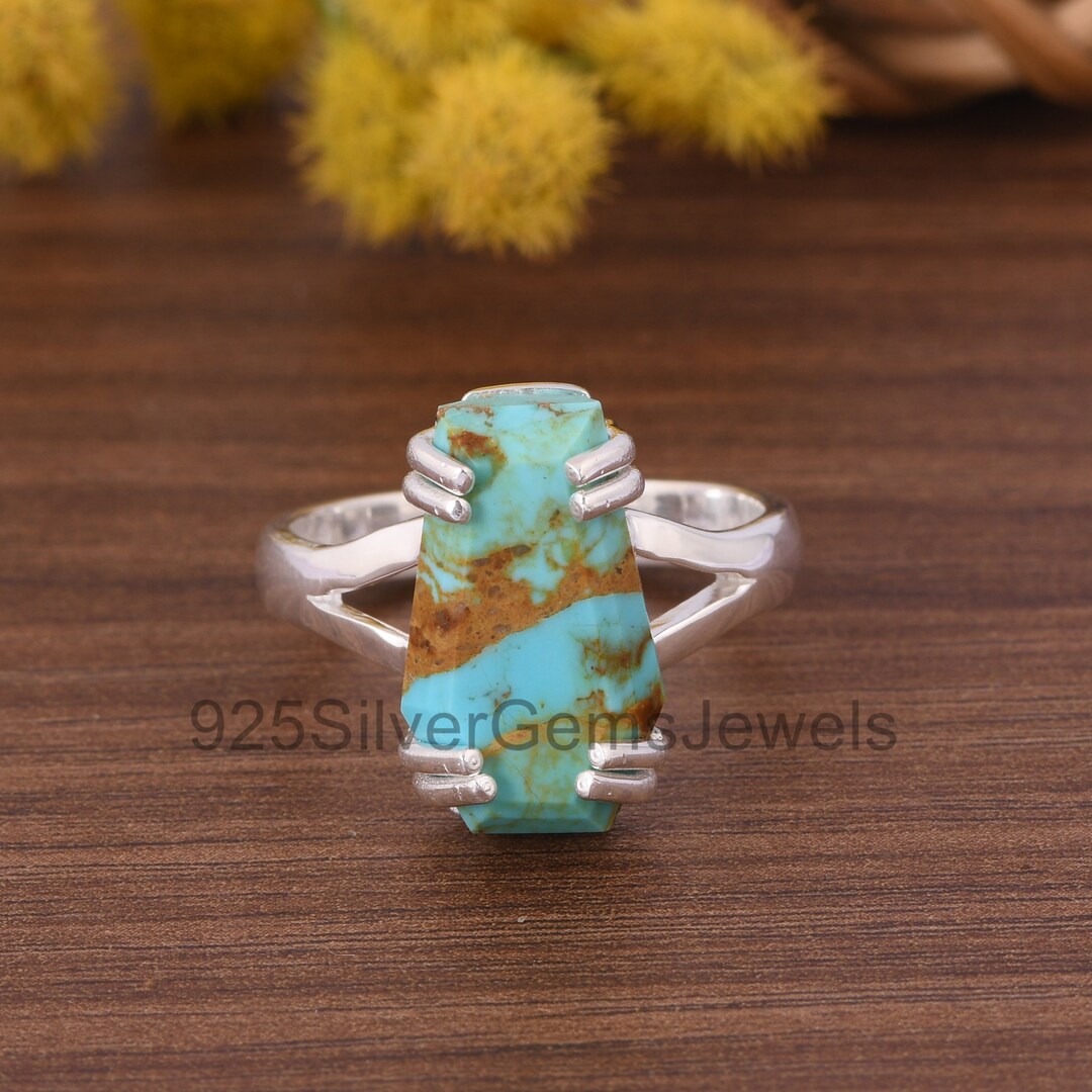 Kingman Turquoise Sterling Silver Ring, Coffin Cut Boho Statement Ring ...