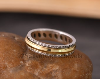 Spinner Ring, Hand geschnitzte Bandring, gehämmert Silber zwei Ton Fidget Spinner Ring, Meditation Ring, Angst Ring, Sorgen Ring, Schiff am nächsten Tag