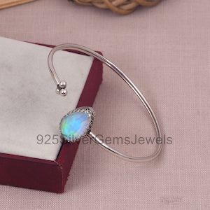 Opal Silver Cuff Bangle, 925 Sterling Silver Gemstone Cuff, Skinny Cuff Bangle, Wrist Bracelet For Women & Girls, White Aurora Opal Bangle.