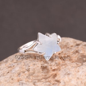 Natural Moonstone Ring, 925 Silver Star Cut Moonstone Wedding Ring, Handmade Ring, Star Gemstone Prong Set Ring, June Birthstone, Gift Item