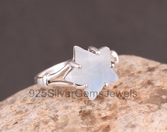 Natural Moonstone Ring, 925 Silver Star Cut Moonstone Wedding Ring, Handmade Ring, Star Gemstone Prong Set Ring, June Birthstone, Gift Item