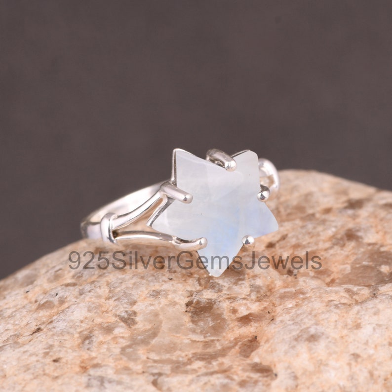 Natural Moonstone Ring, 925 Silver Star Cut Moonstone Wedding Ring, Handmade Ring, Star Gemstone Prong Set Ring, June Birthstone, Gift Item image 1
