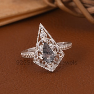 Natural Black Rutile Kite Shape Ring, 925 Silver Kite Shape Wedding Ring, Statement Ring, Designer Filigree Ring for Women, Gift For Wife