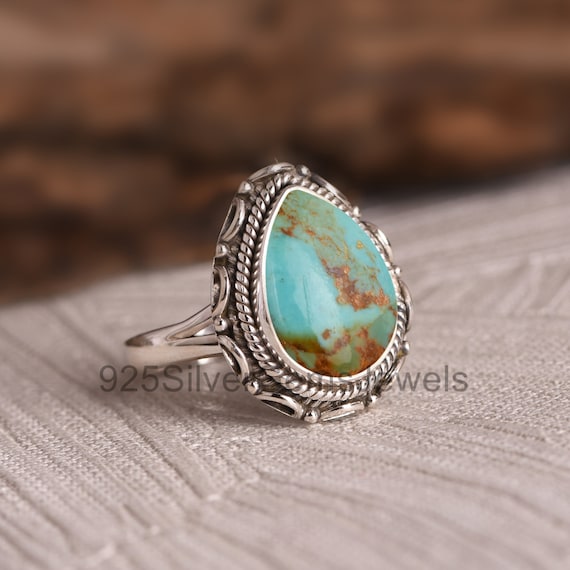 Bague Ancienne En Argent Massif 925 - Pierre Turquoise Et Zircon - Occasion, Style Créateur