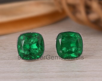 Zambian Emerald Stud Earrings, Green Emerald Cushion Stud Earrings, Sterling Silver Earrings, Studs For Her, Anniversary & Wedding Gifts
