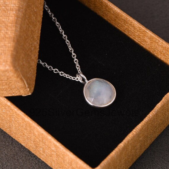 Rainbow Moonstone Pendant, Sterling Silver Round Necklace, Blue Flash Gemstone
