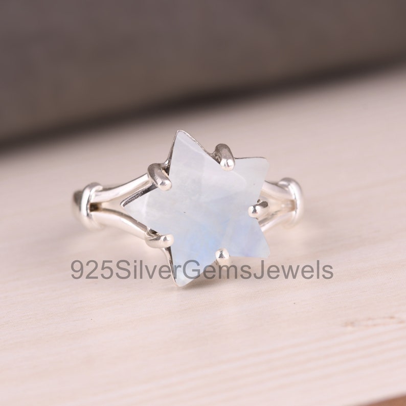 Natural Moonstone Ring, 925 Silver Star Cut Moonstone Wedding Ring, Handmade Ring, Star Gemstone Prong Set Ring, June Birthstone, Gift Item image 4