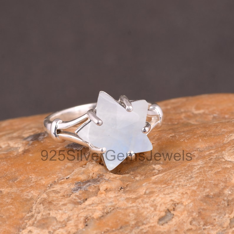 Natural Moonstone Ring, 925 Silver Star Cut Moonstone Wedding Ring, Handmade Ring, Star Gemstone Prong Set Ring, June Birthstone, Gift Item image 3