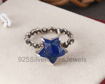 Natural Lapis Lazuli Star Ring, Silver Ring, Wave Band Ring, Gemstone Ring, Handmade Star Ring, Shiny Blue Star, Dainty Ring, Gift For Women