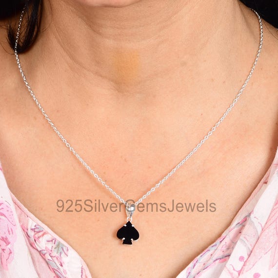 Black Onyx Spade Pendant, Handmade 925 Sterling Silver Necklace