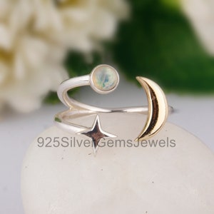 Pretty Opal Moon Star Ring, 925 Sterling Silver Two Tone Stackable Ring, Handmade Ring, Three Band Ring, Girls Jewelry, Designer Women Ring.