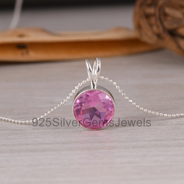 Collier pendentif pierre gemme quartz kunzite rose scintillant, collier délicat en argent sterling pierre rose, chaîne de perles rondes, pendentif rond délicat.