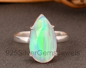 Rare to find Pear White Doublet Aurora Opal 925 Sterling Silver Ring, Women's Ring, Attractive Wedding Ring, Artisan Modern Prong Set Ring