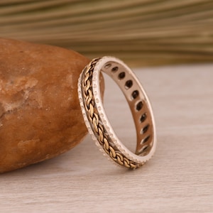 925 Sterling Silver Hammered Spinner Ring, Antique Designer Cuban Chain Band Spinner Ring, Meditation Ring, Silver Tow Tone Fidget Ring Gift