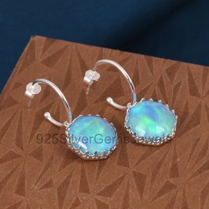 Opal Hoop Earrings, Silver Earrings, Aurora Opal Dangle Earrings, Big Aurora Opal Huggie Earrings, Gemstone Earrings, Push Post, Jewelry