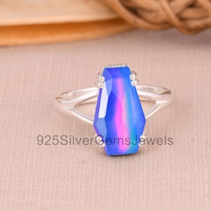 Coffin ring, 925 sterling silver, Doublet blue aurora opal gemstone coffin ring, Coffin statement ring, Handmade Jewelry, Gift for her, wife