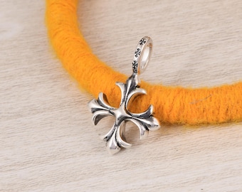 Gothic Cross Pendant, Vintage Tribal Fleur Cross Charm, Minimalist Unisex Jewelry, Handmade Silver Necklace Pendant.