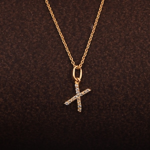 Dije de letra inicial X en oro macizo de 14 quilates: colgante del alfabeto con diamante natural: joyería minimalista para aniversario y Navidad.