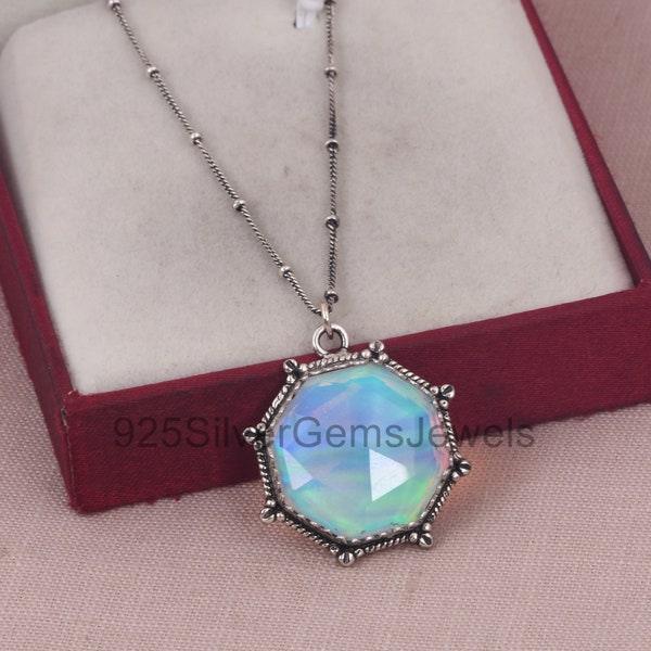 Ciondolo collana opale Aurora, ciondolo in argento 925, eleganti gioielli bianchi opali Aurora, collana a catena, collana grande dichiarazione regalo 4 tutti