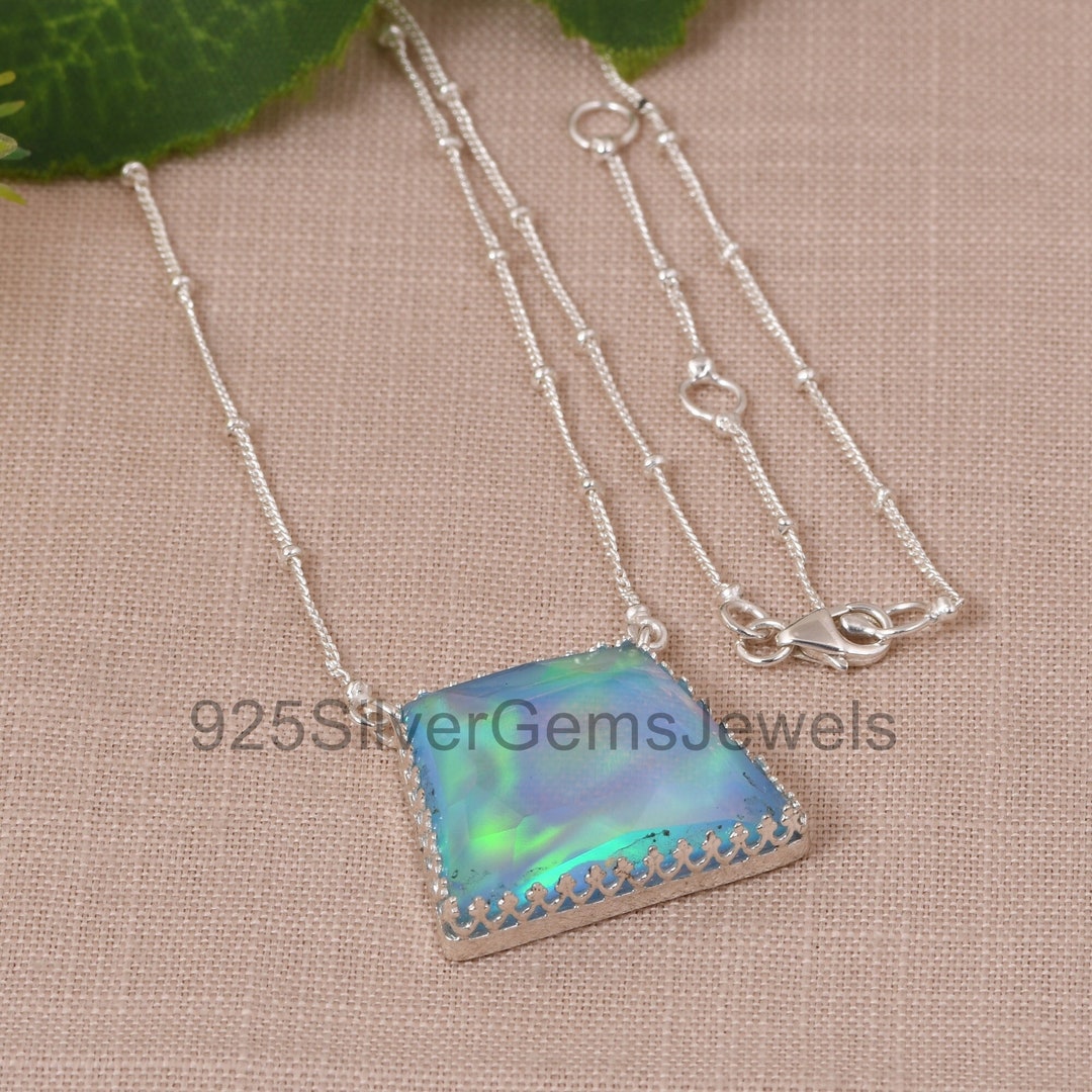 Opal Necklace Pendant, Antique Sky Aurora Opal, Sterling