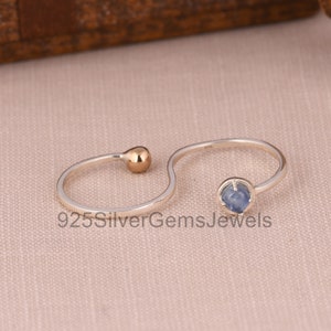 Double silver two tone ring, Two finger ring, Ring with Kyanite Gemstone, Handmade rings, Double open ring, Sterling silver ring,Unique Ring