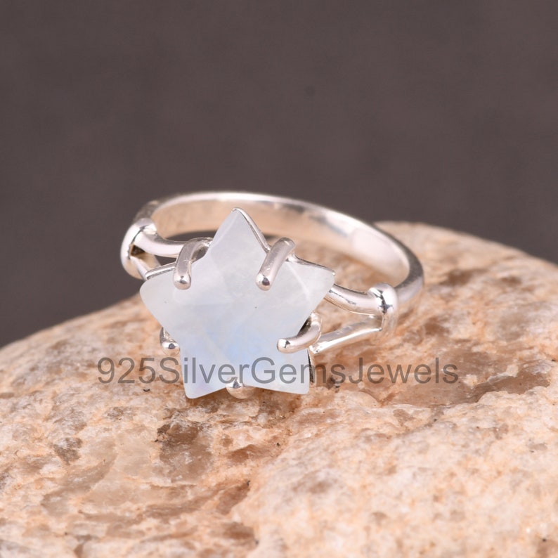 Natural Moonstone Ring, 925 Silver Star Cut Moonstone Wedding Ring, Handmade Ring, Star Gemstone Prong Set Ring, June Birthstone, Gift Item image 2